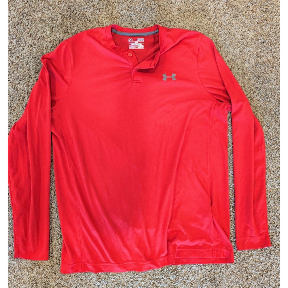 Under Armour ColdGear Mens Medium Red Long Sleeve Henley Shirt Loose Fit 1070